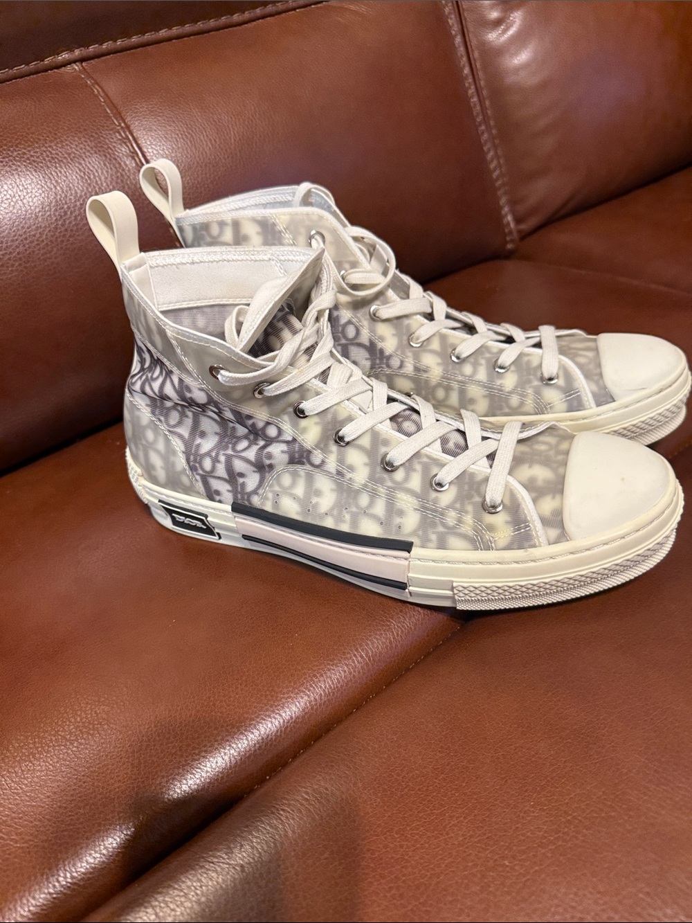 Dior Men's High-Top Sneaker in Cream and Gray Monogram